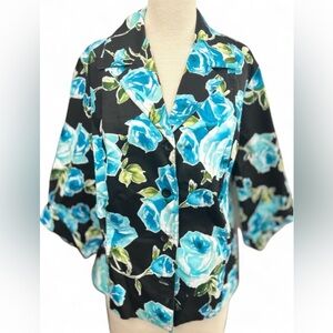 Lady Hazan Blue Rose Design Elegant Button Down Women’s Large